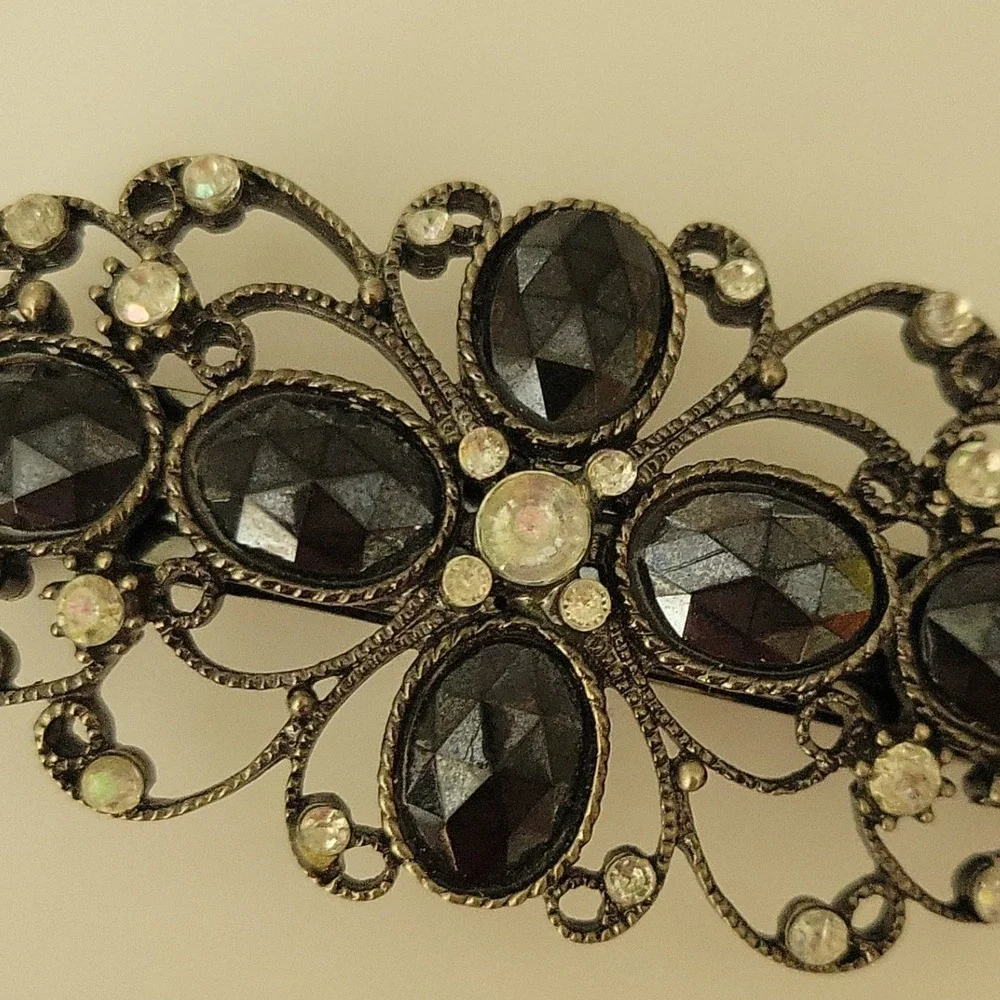 Vintage Style Black Rhinestone Antiqued Silver Filigree Brooch Pin 3.5in Gothic